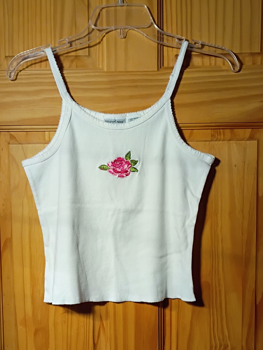 Newport News White Cami with Pink Rose Embroidery